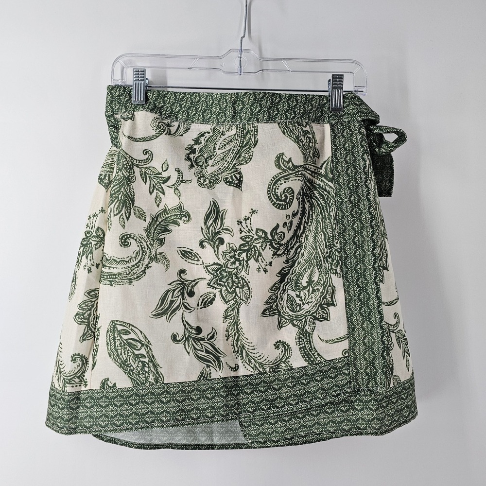 Commense Wrap Mini Skirt Small Green Cream Paisley Geometric Tie Waist NWT